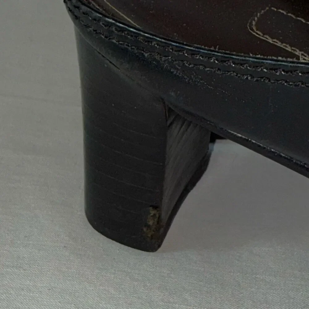 Vintage Brighton Tassle Mules‎ 8.5M Croc Embossed Black Brown Leather Heels Boho